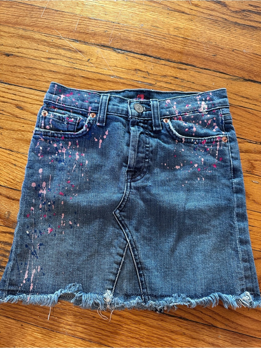 7 For All Mankind Blue Denim Mini Skirt with Pink Paint Splatter size 8